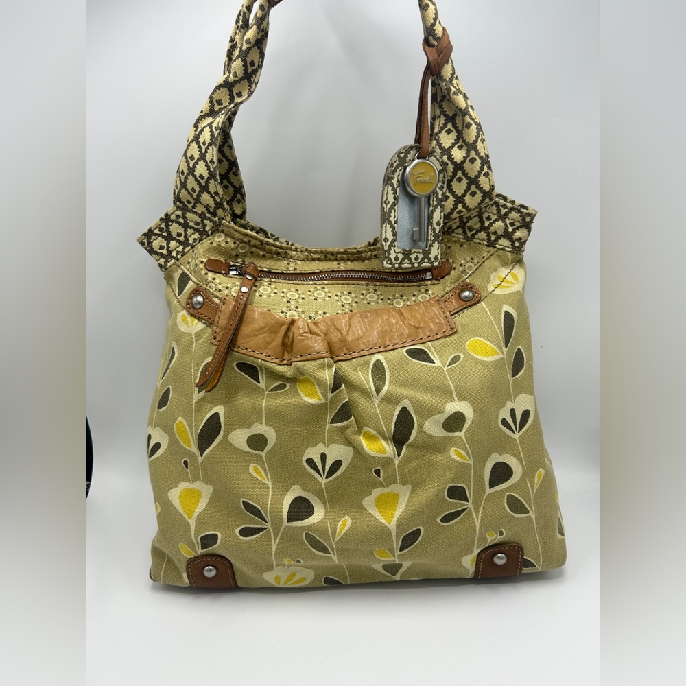 Vintage Fossil Shoulder Hand Bag Purse Beige Floral Fabric Genuine Leather